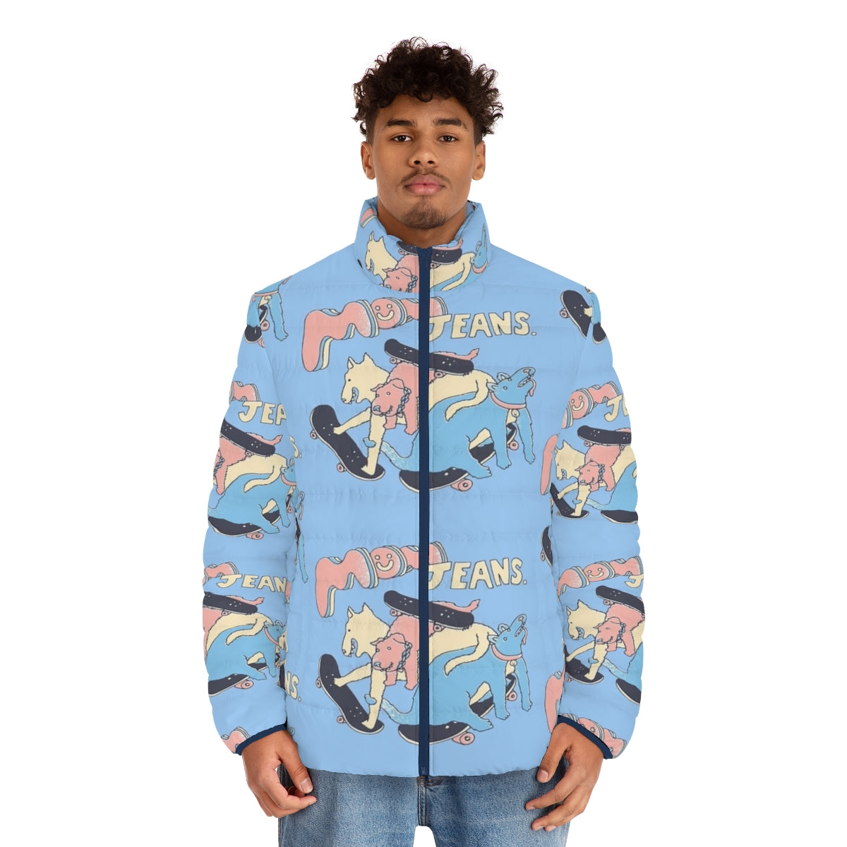 Colorful puffer jacket with mom jeans band and puppy love design - men front