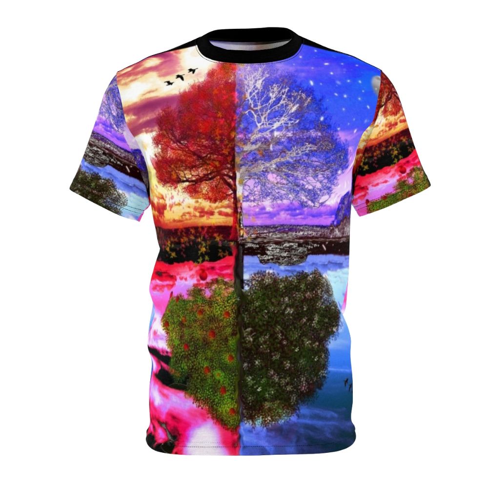 All-over-print t-shirt featuring a beautiful four seasons landscape design with a tree and natural reflection