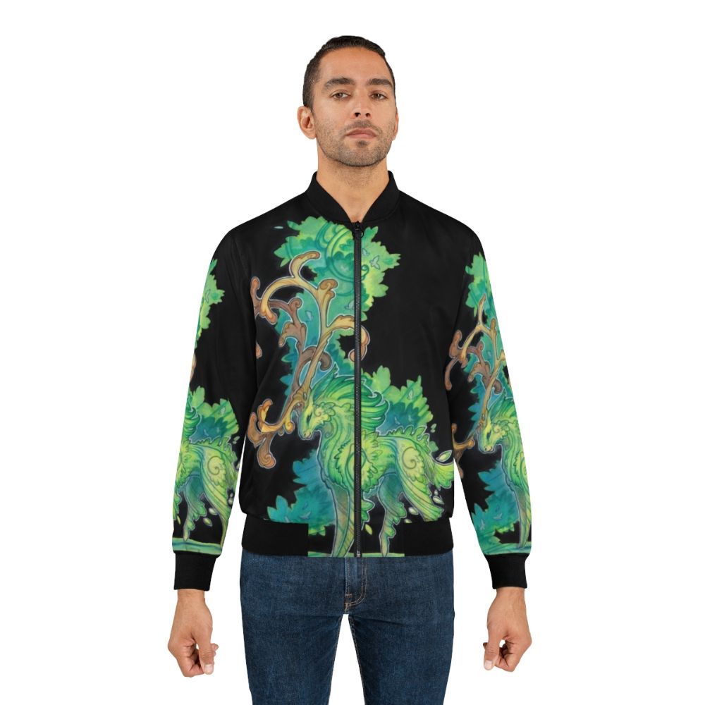 Drachenmagier forest spirit bomber jacket with green foliage, antlers, and traditional art design - Lifestyle