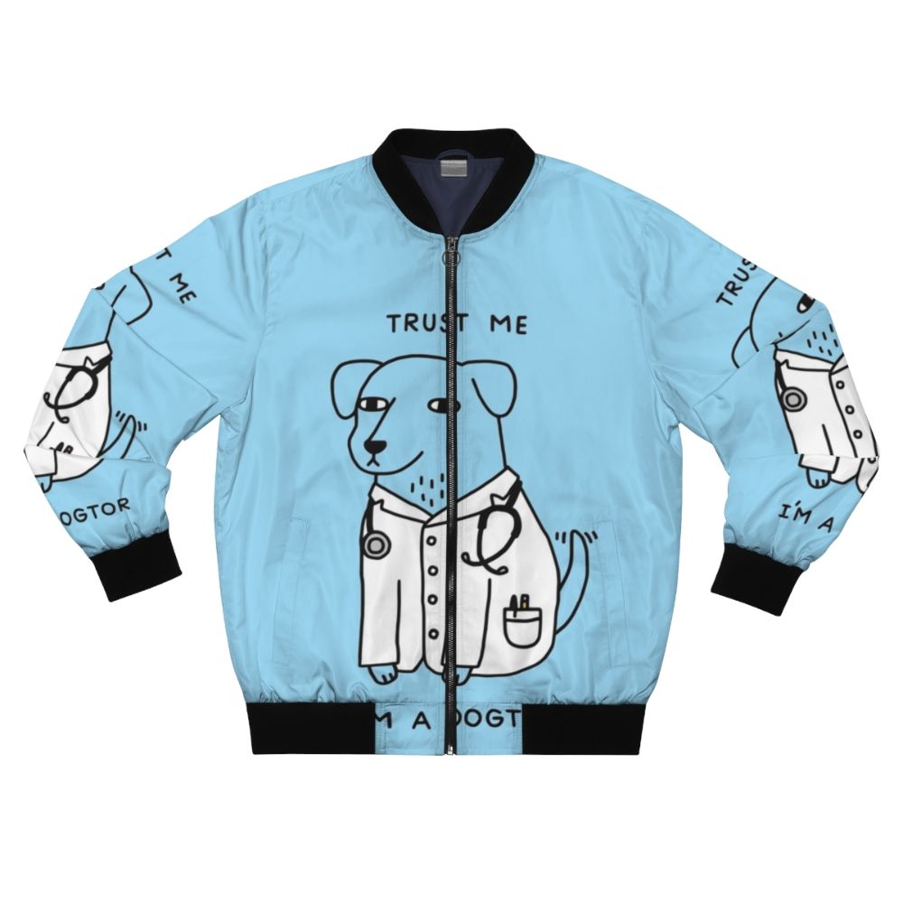 Cute bomber jacket with a pun design featuring a dog wearing a stethoscope, representing a "dogtor" or veterinarian.