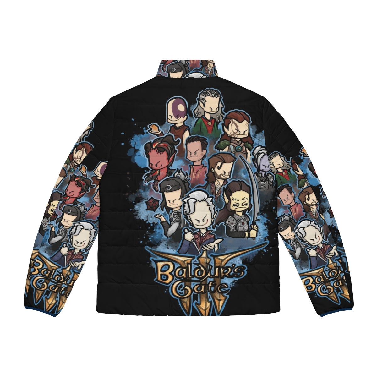 Baldur's Gate 3 Party Puffer Jacket featuring High Elf, Vampire, and Spawn characters - Back