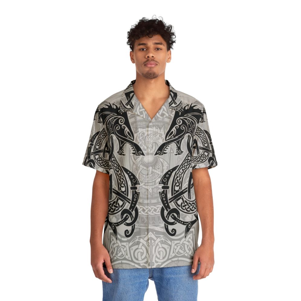 Fighting Fenrir Black Hawaiian Shirt with Norse Mythology Inspired Designs - People Front