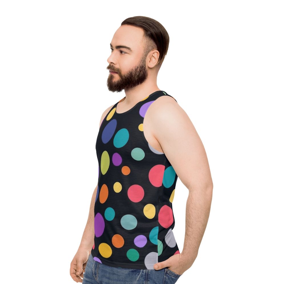 Colorful polka dot unisex tank top with minimalist geometric design - men side