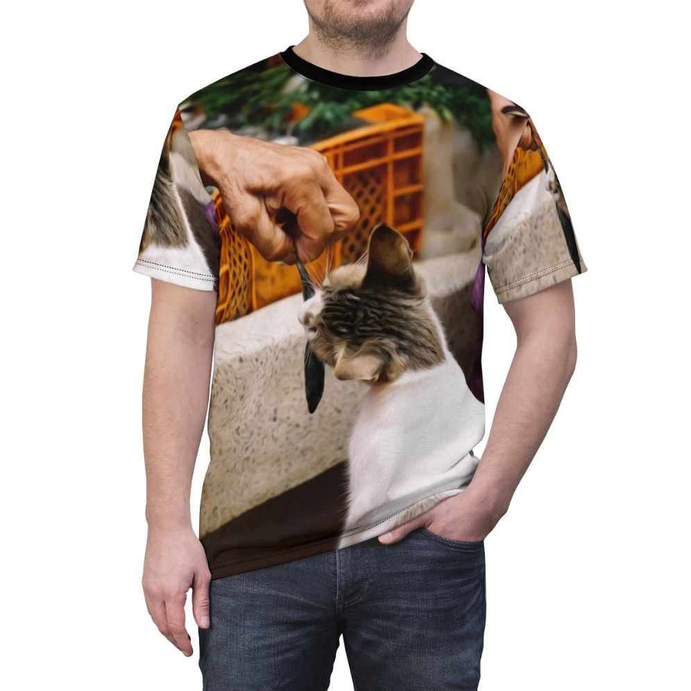 Illustration of people, market, animals, and cats on a t-shirt - men front