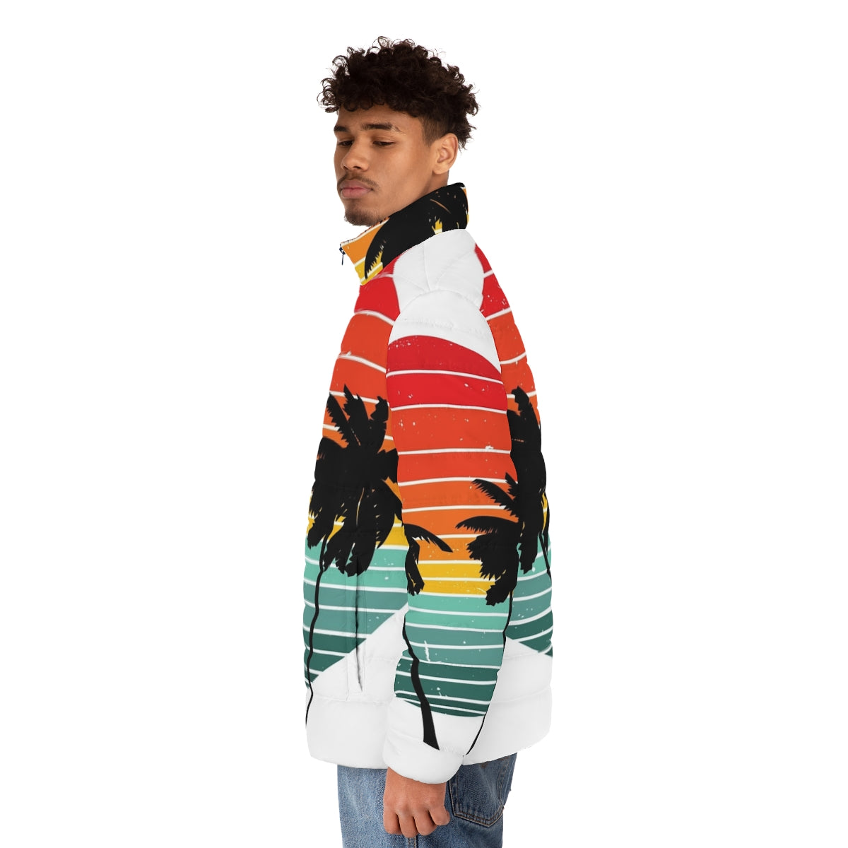 Black puffer jacket with vibrant orange, palm, and sunrise inspired design - men side left