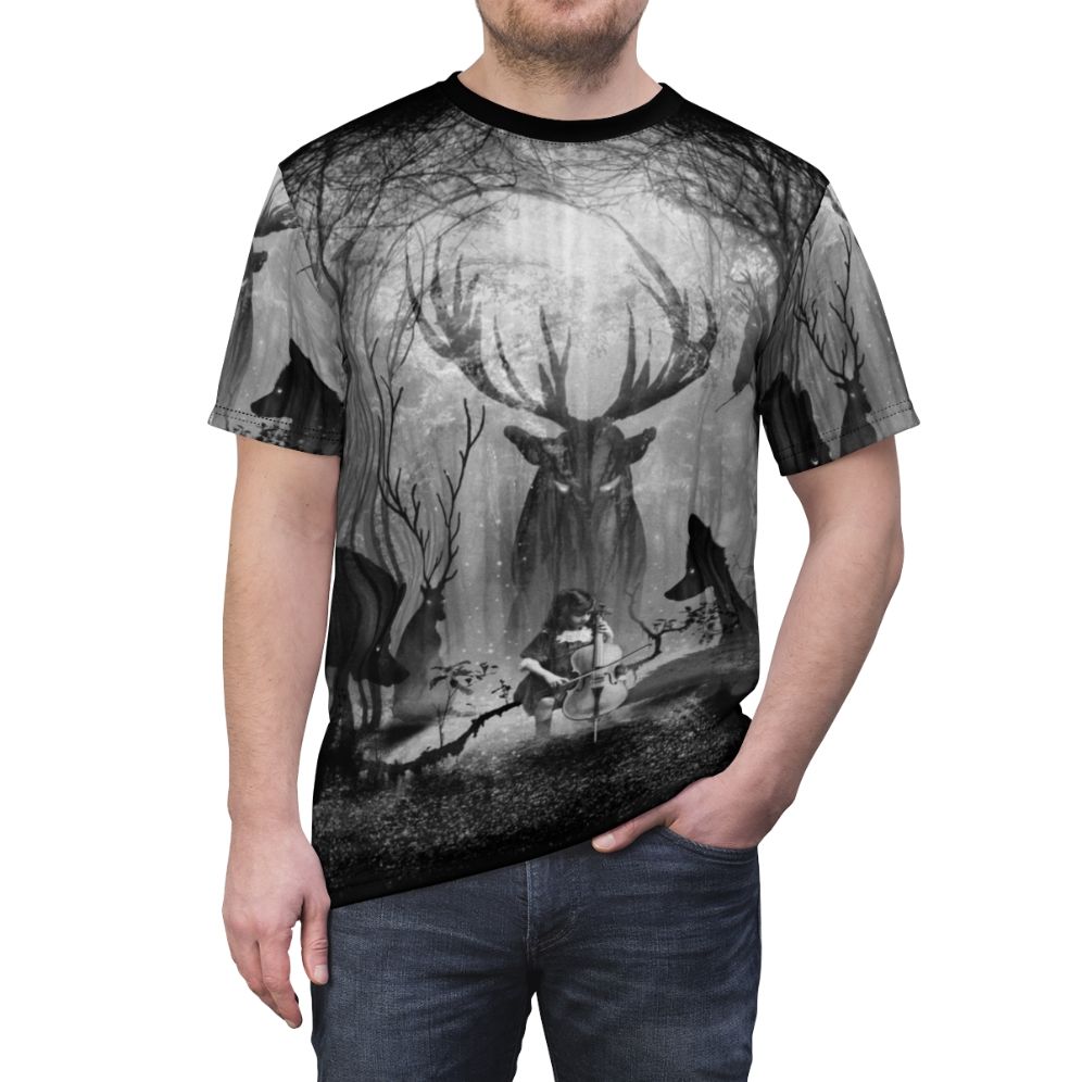 Enchanting forest cello music t-shirt with deer, fox, and wolf in a dreamy, fairytale-like woodland setting - men front