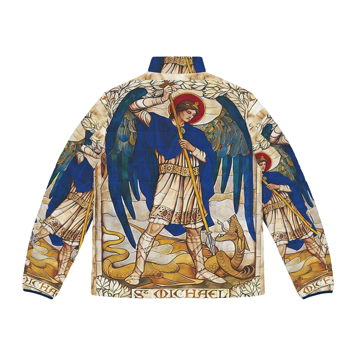 Puffer jacket featuring an image of Archangel Michael, the patron saint of protection against evil - Back