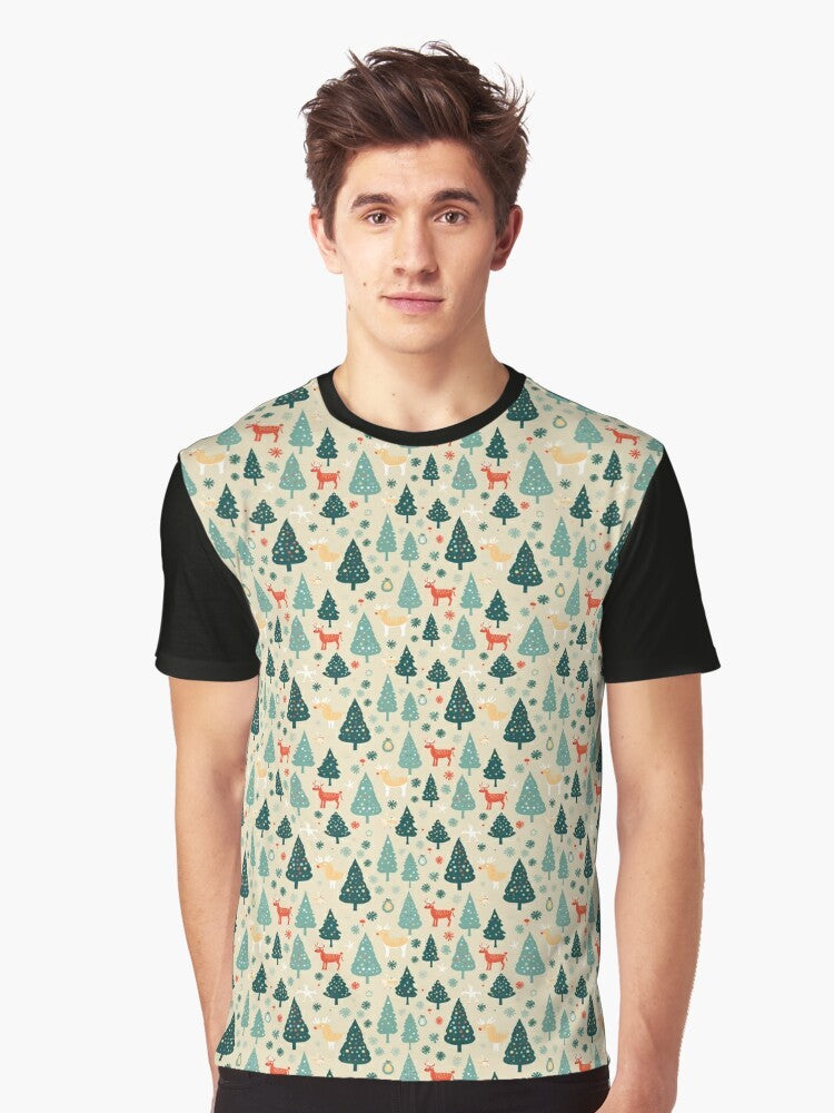 A festive Christmas-themed t-shirt with a seamless graphic design featuring trees and reindeer. - Men