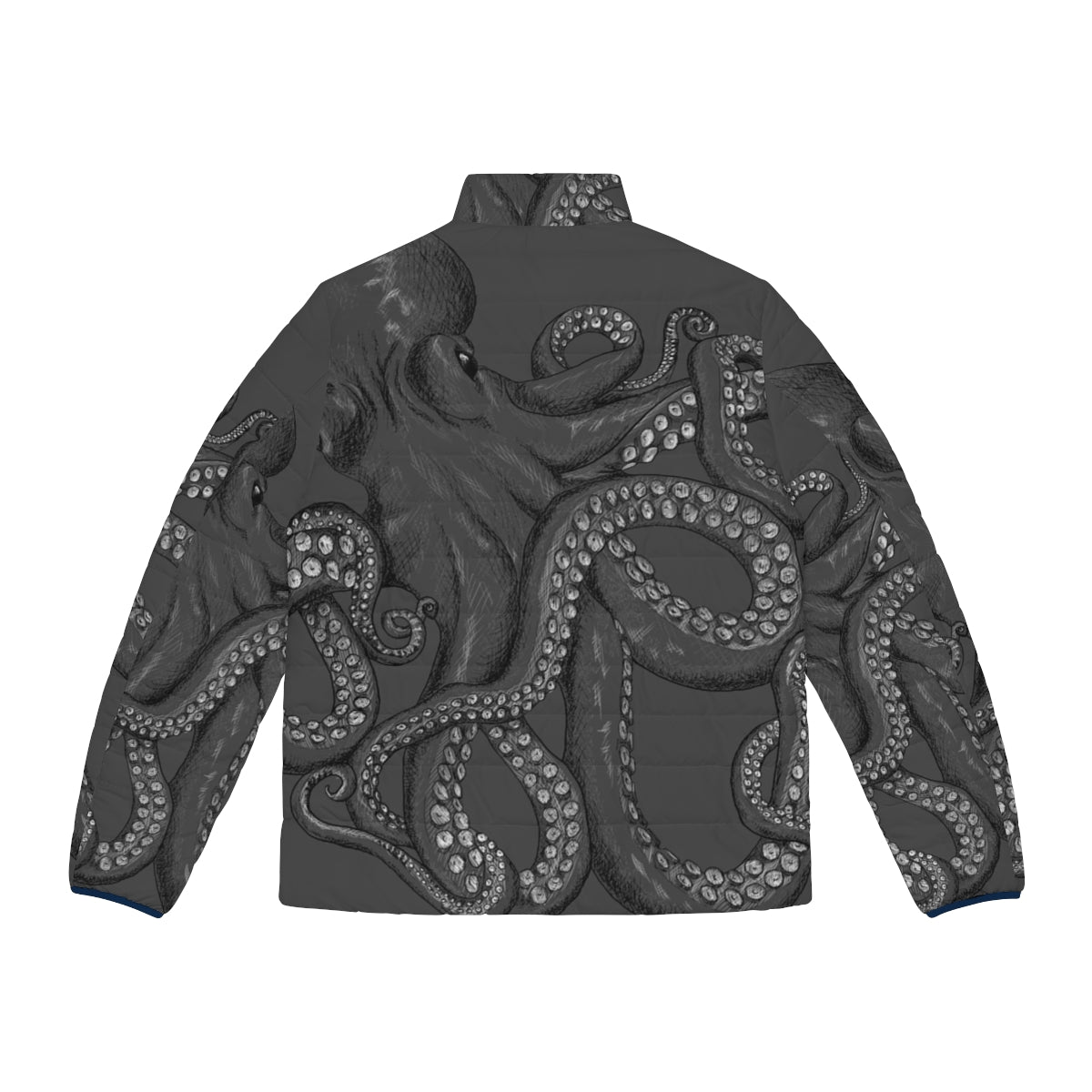 Realistic octopus two-tone puffer jacket featuring intricate line art and ink design - Back