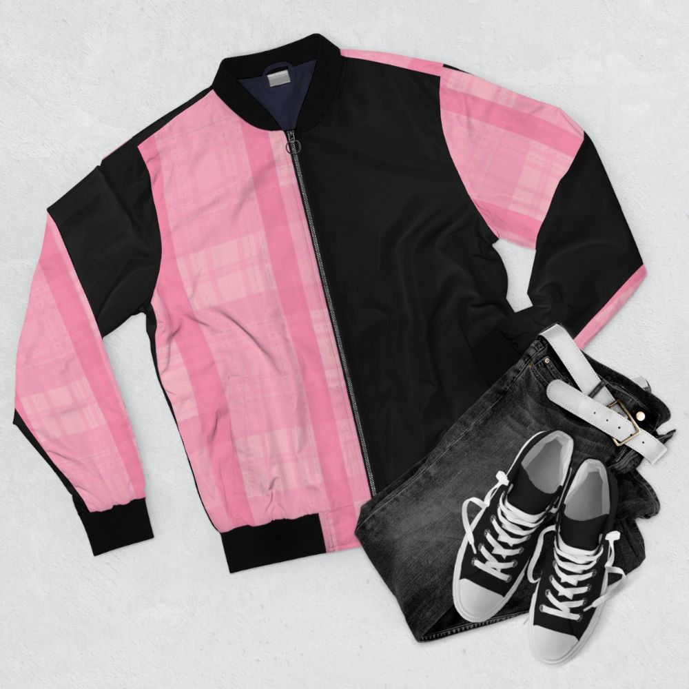 Fashionable pink and black plaid bomber jacket with stripes - Flat lay