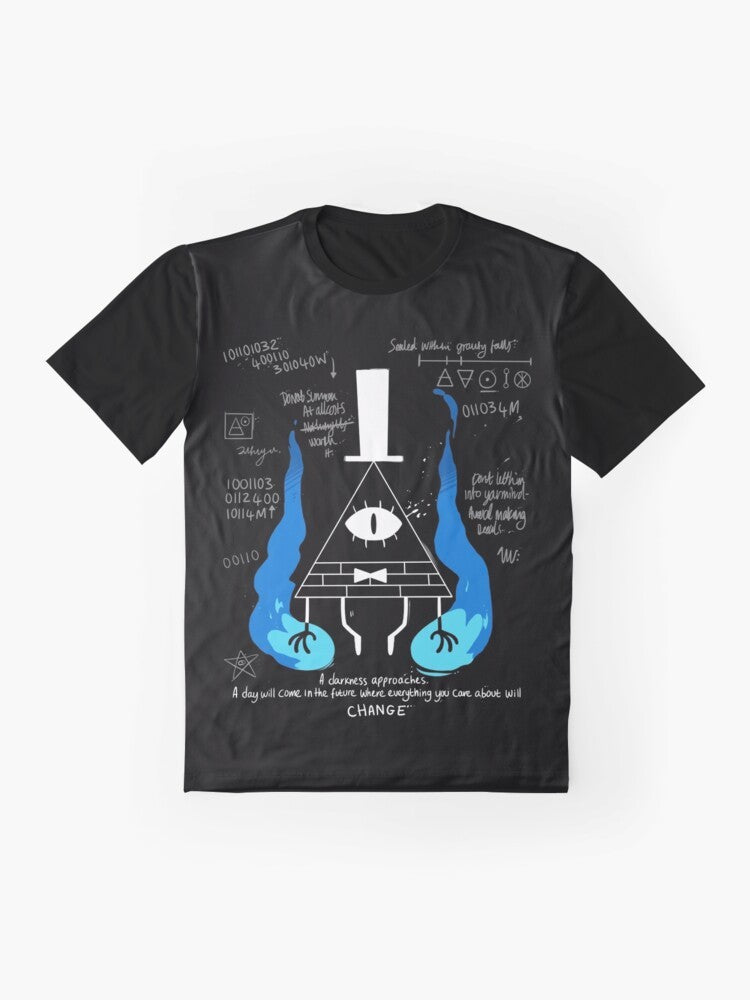 Gravity Falls "A Darkness Approaches" graphic t-shirt with Bill Cipher design - Flat lay