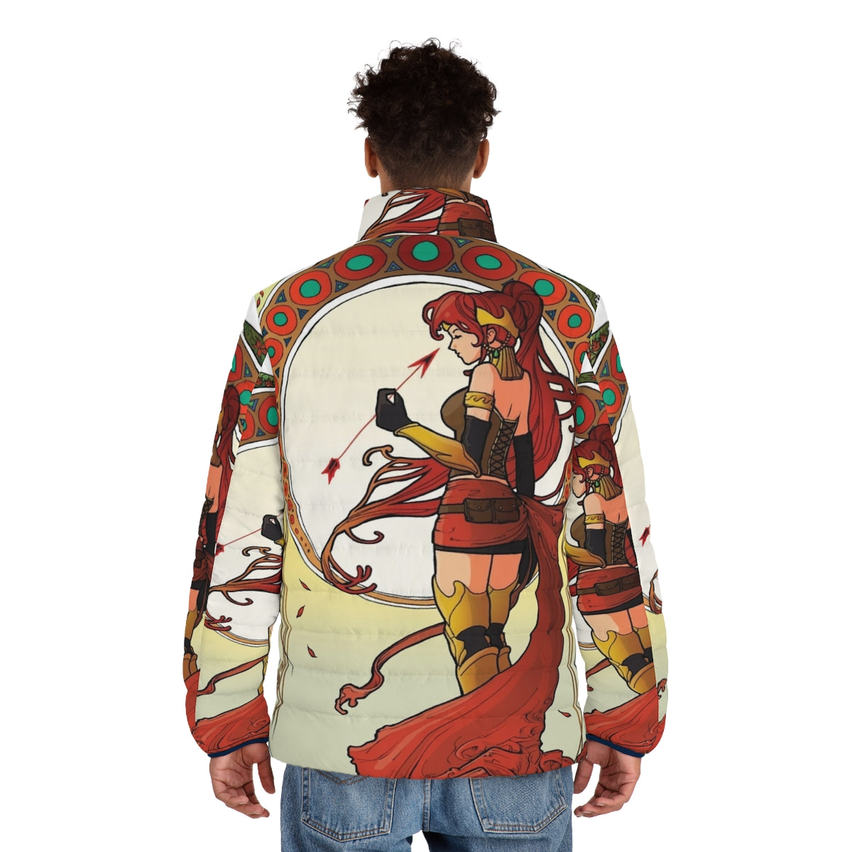 A puffer jacket featuring a striking anime-inspired graphic design with a redhead gladiator character - men back