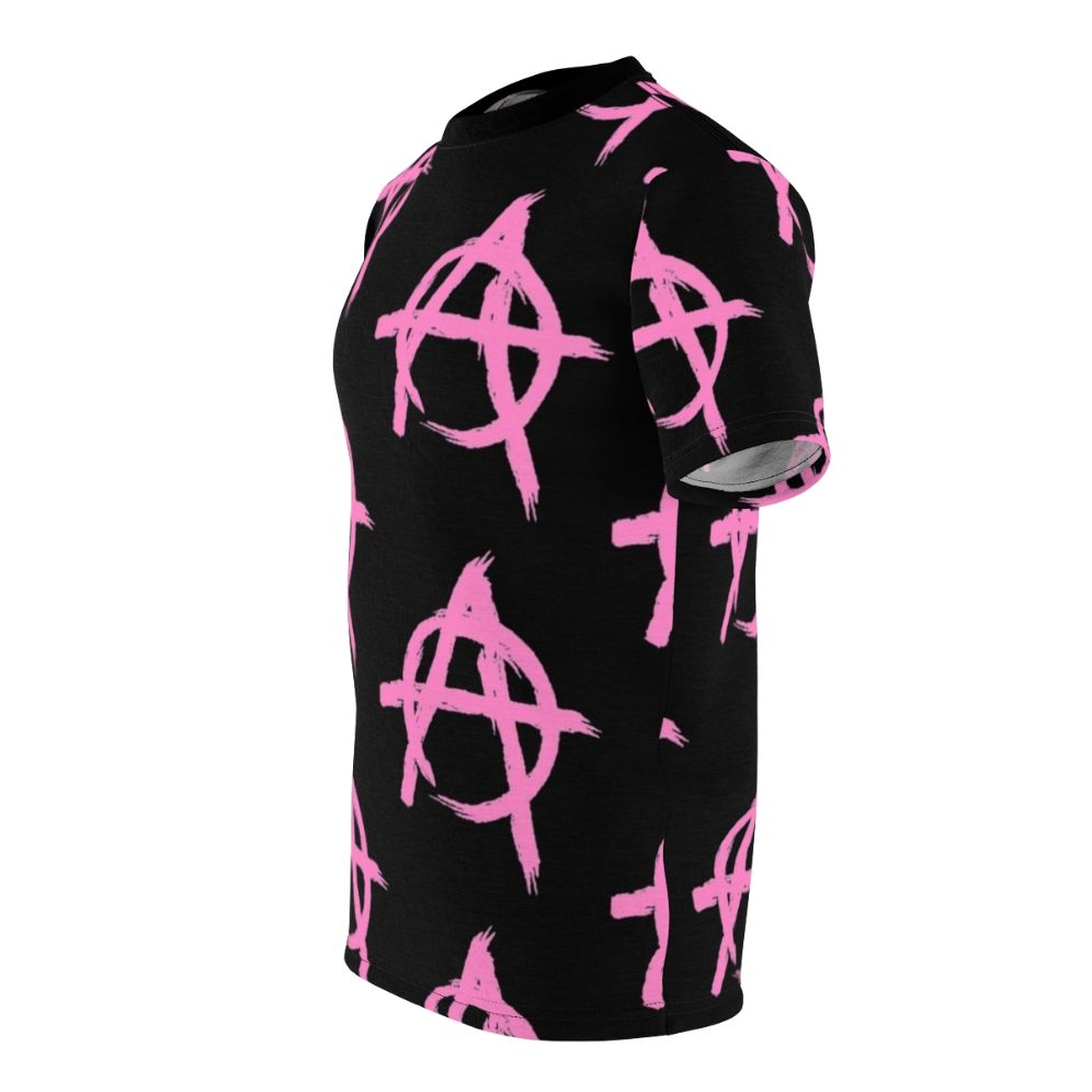 Vibrant pink anarchy-inspired t-shirt with stylish graphics for music fans - men left