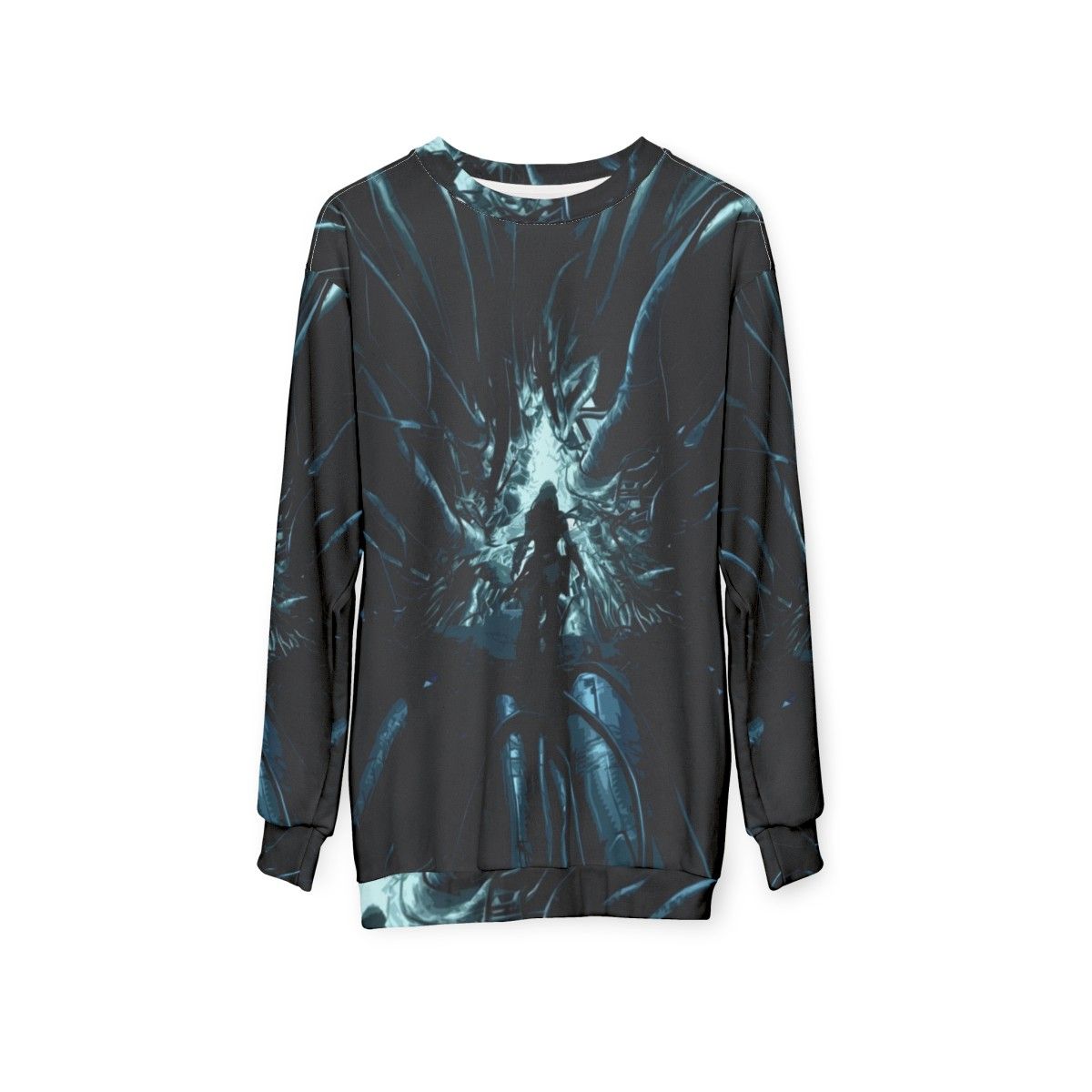 Horizon Zero Dawn Cauldron Sweatshirt featuring stylized sci-fi and cyberpunk design - hanging