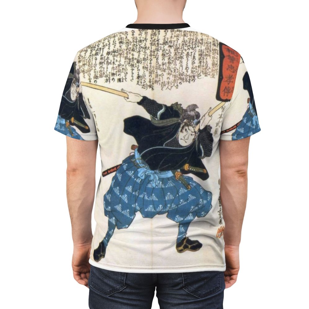 Musashi Miyamoto, a legendary Japanese samurai, depicted on a high-quality t-shirt - men back