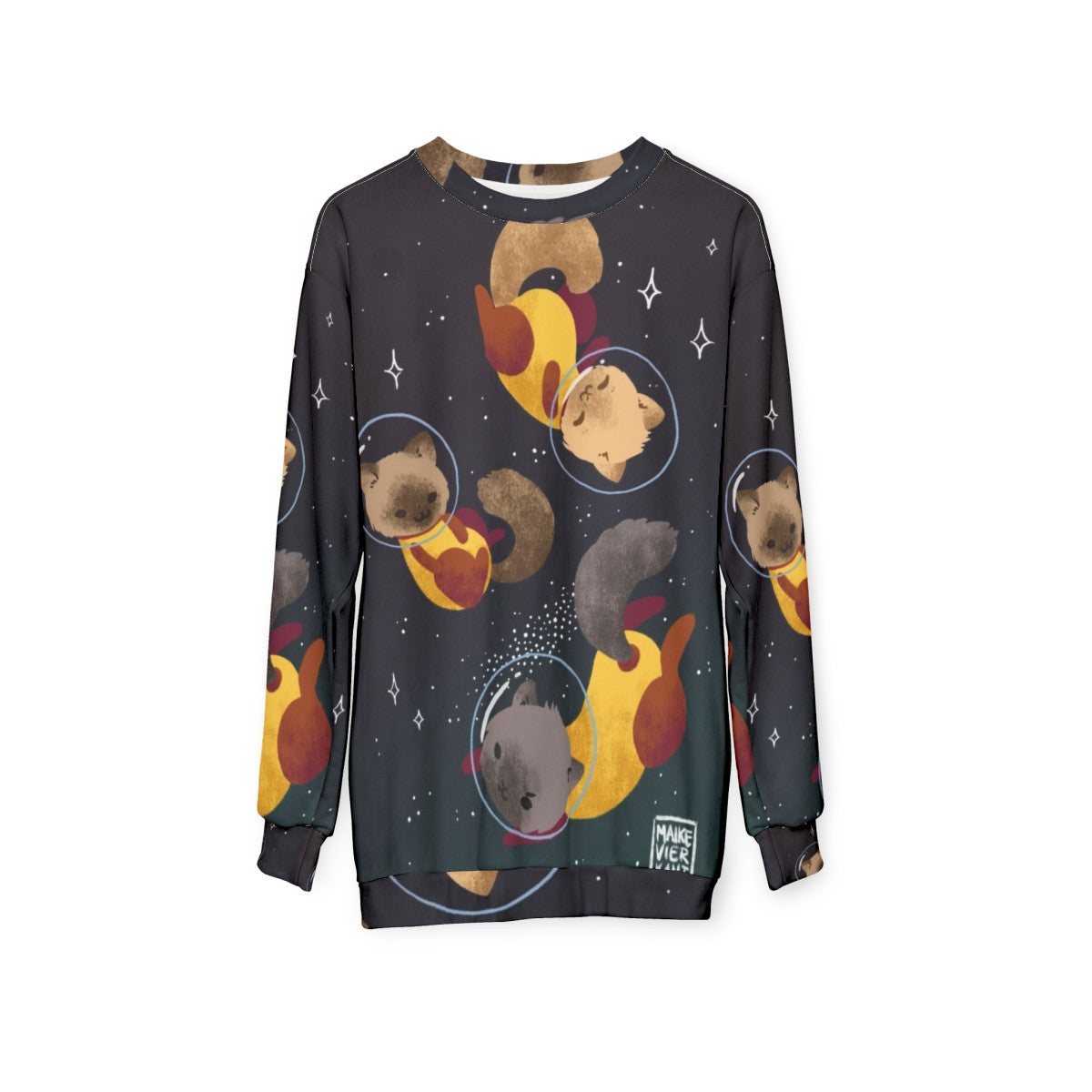 Space cats cosmic sweatshirt with galaxy print design - hanging