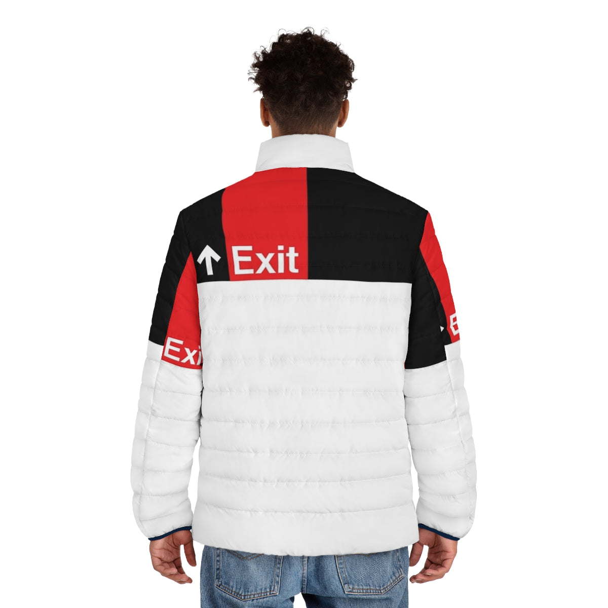 Person wearing an exit-themed puffer jacket in New York City - men back