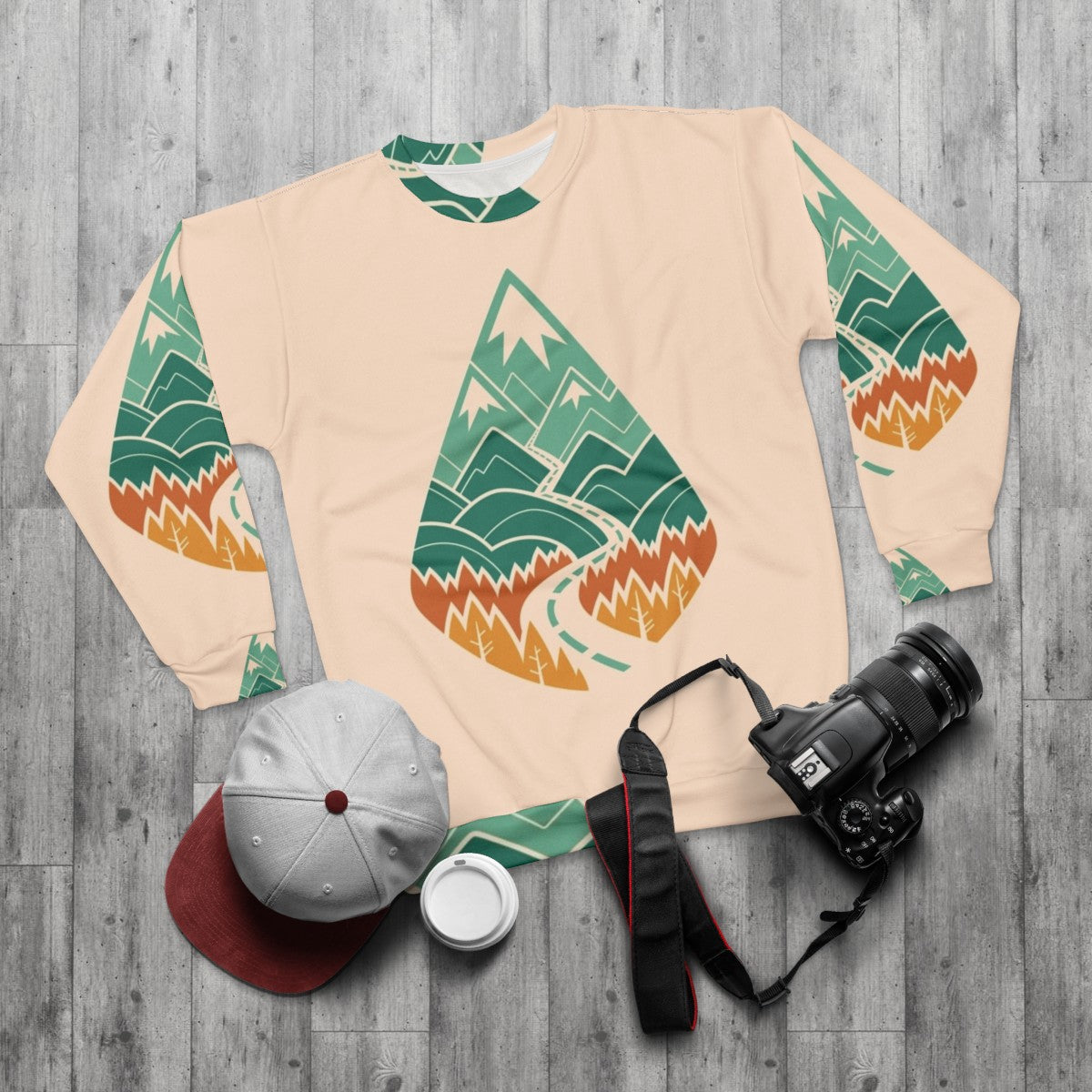 Explore the Road Ahead Summer Sweatshirt with road, mountains, and nature - flat lay