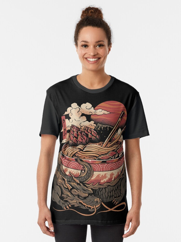 A graphic t-shirt featuring a dragon-inspired ramen bowl design, with Japanese kanji and a fiery, mythical creature. - Women