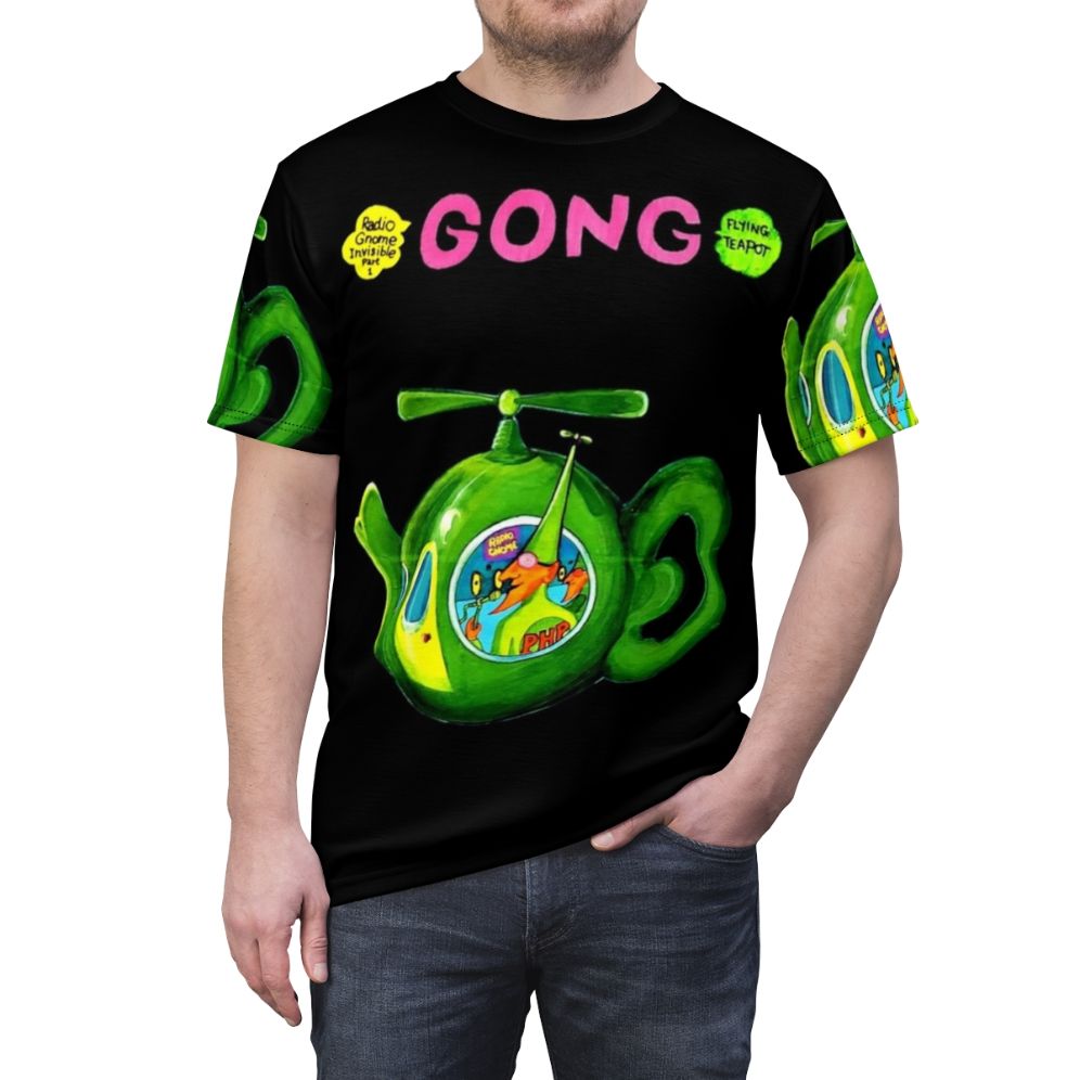 Vintage-inspired t-shirt featuring a psychedelic flying teapot design, a nod to the iconic album art of the progressive rock band Gong. - men front