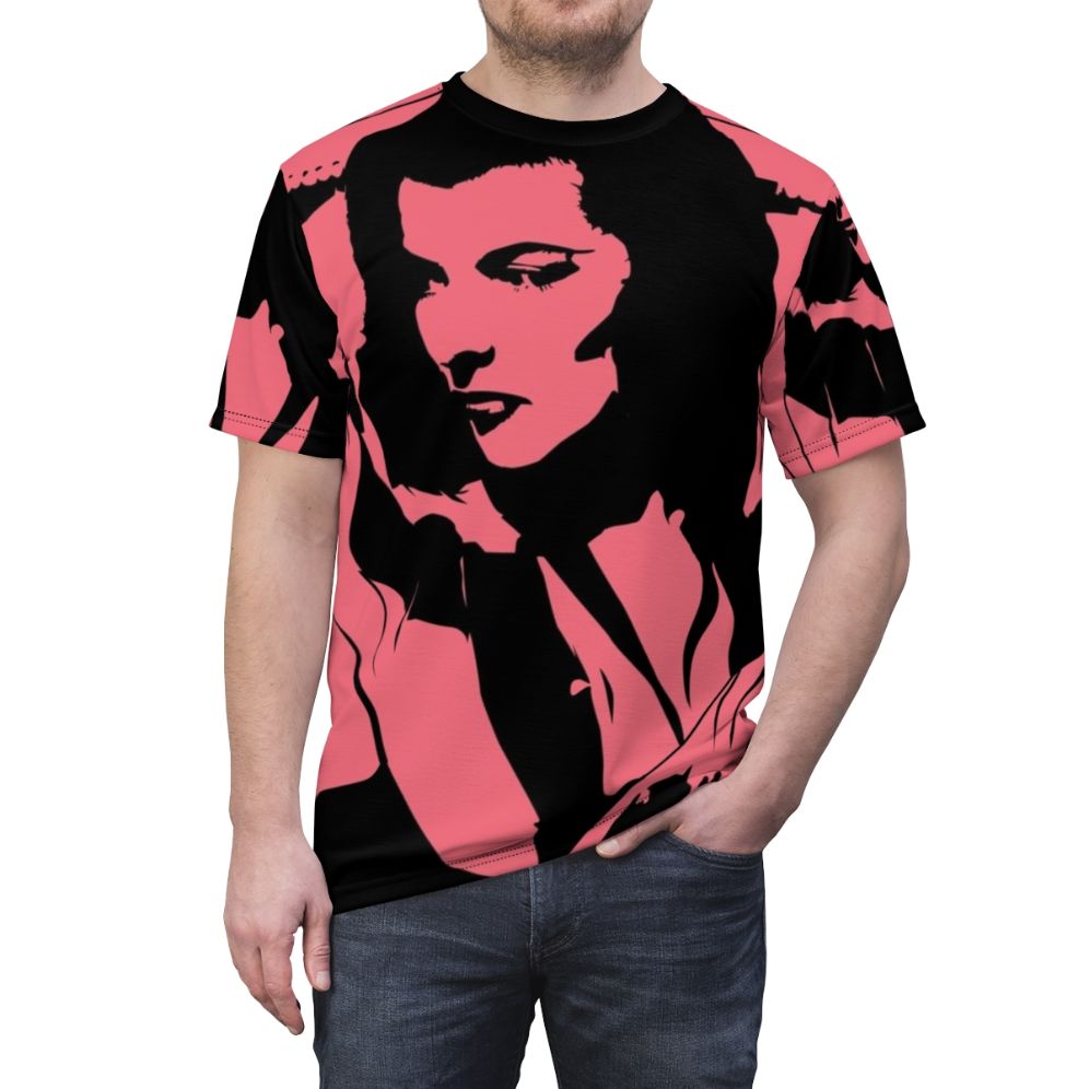 Artistic graphic t-shirt design with a portrait of classic Hollywood actress Katharine Hepburn - men front