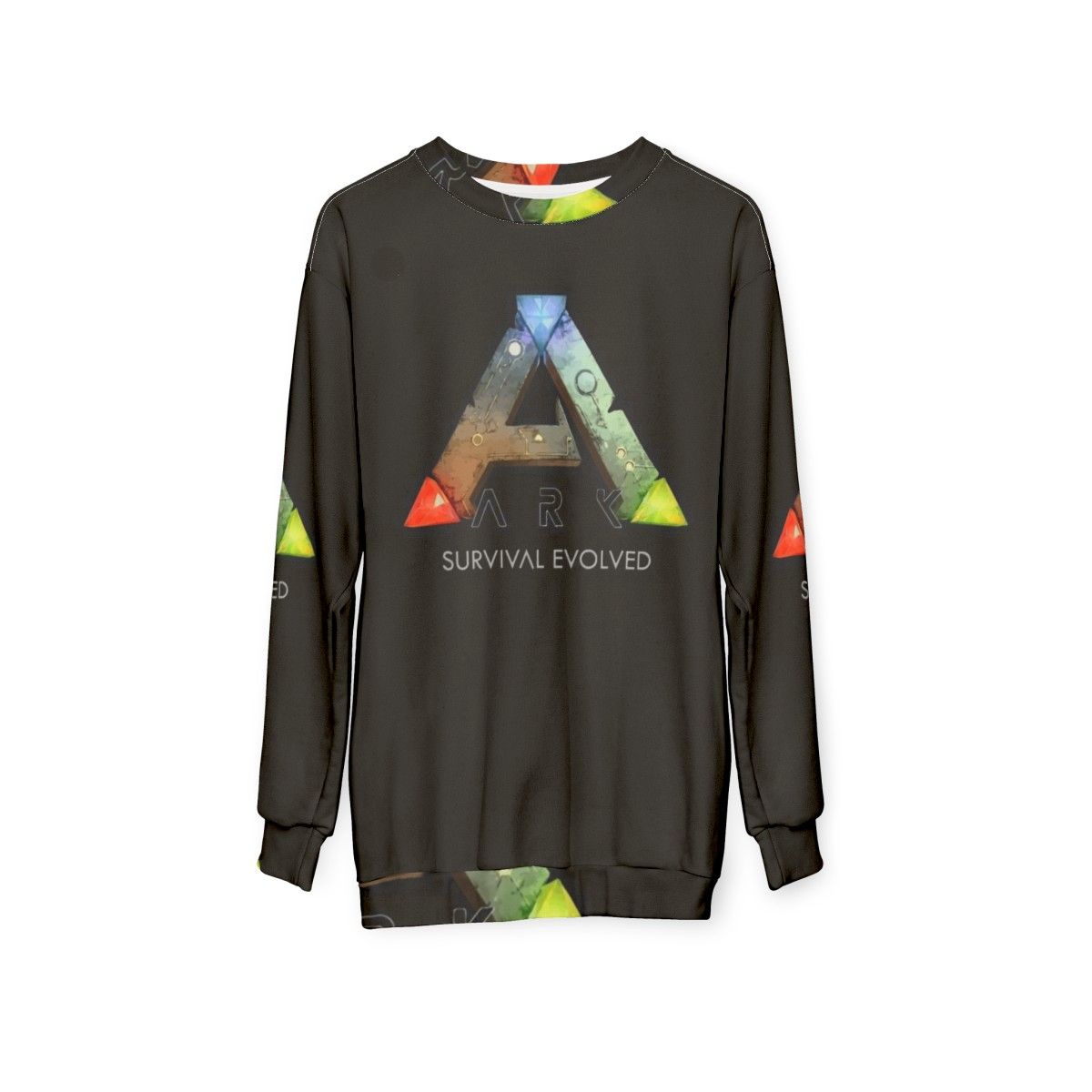 Ark Survival Evolved Sweatshirt featuring dinosaurs and video game logo - hanging