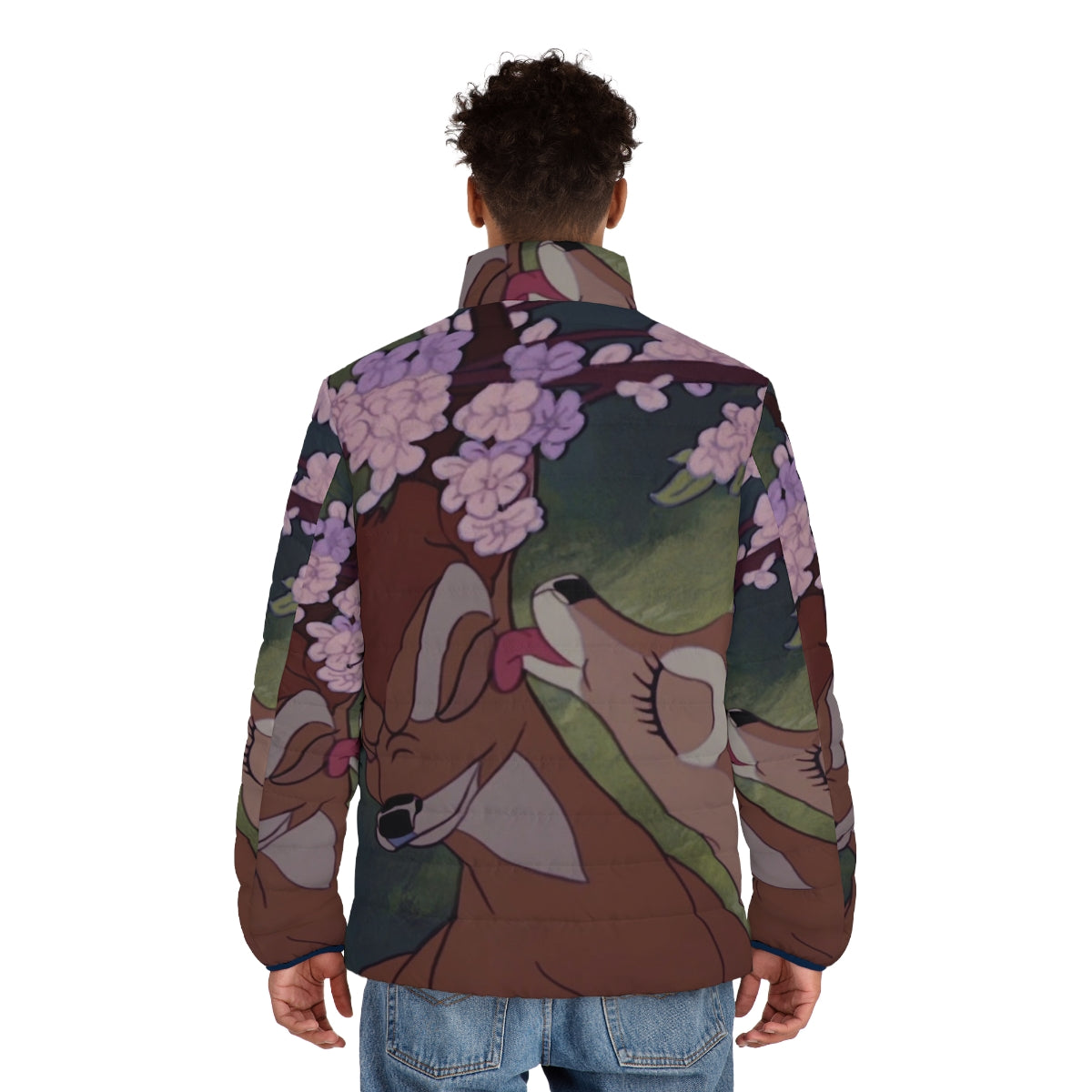 Bambi Disney inspired puffer jacket with floral and feline design - men back