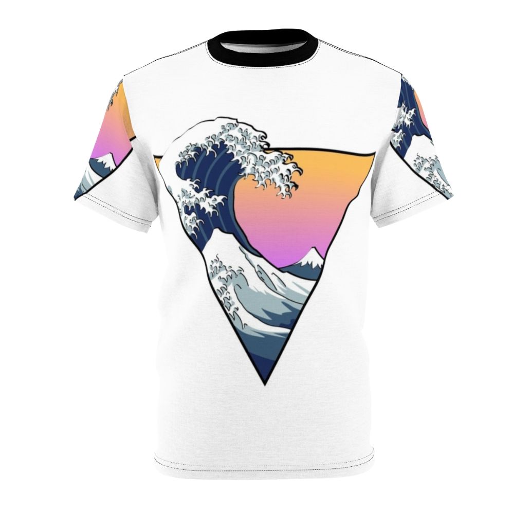 A t-shirt featuring a vibrant, gradient wave design inspired by Japanese art and vaporwave aesthetics.