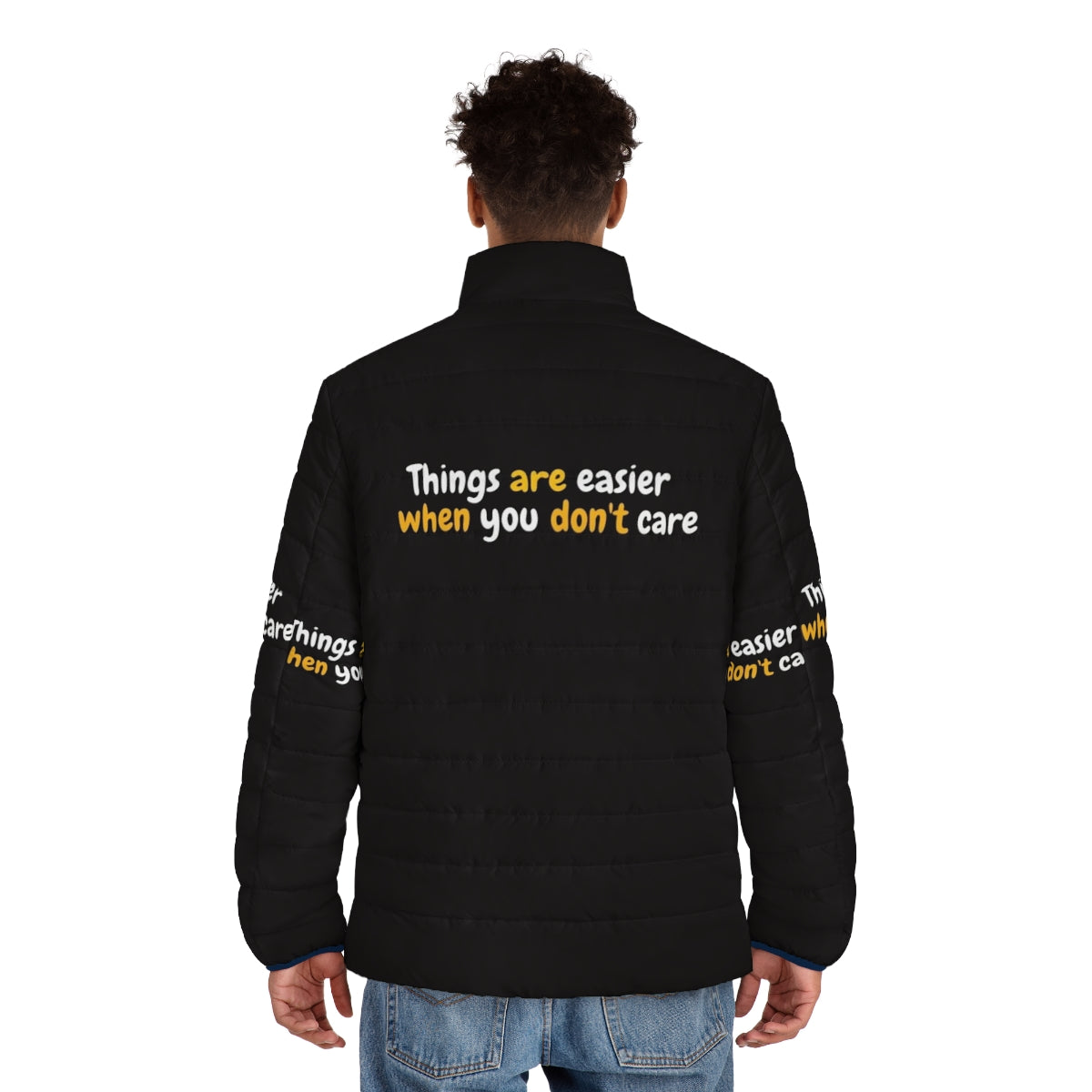 "Sex Education" Puffer Jacket featuring a quote from the Netflix series - men back