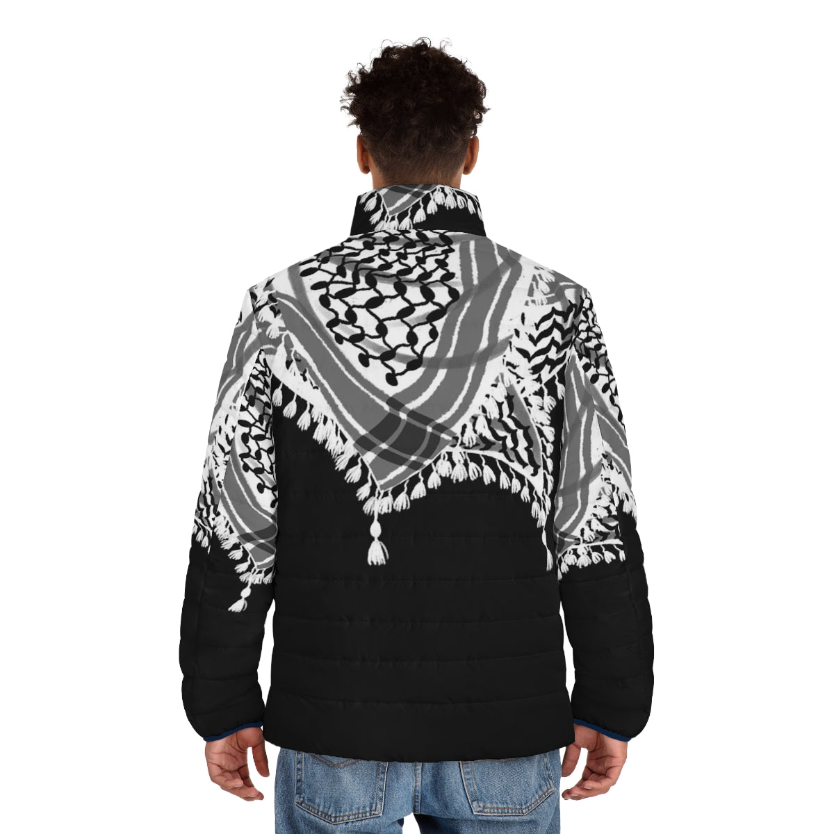 Keffiyeh-inspired puffer jacket with black and white Palestinian pattern - men back