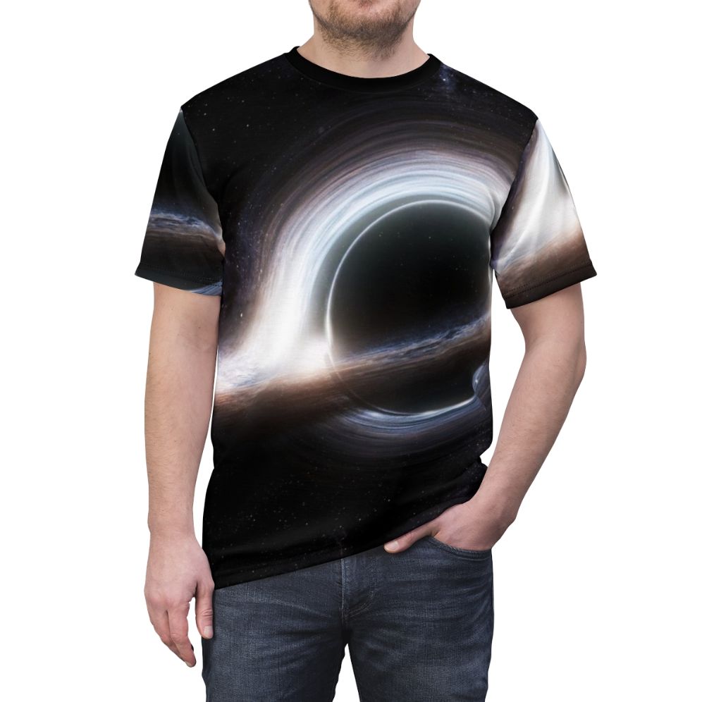 Gargantua T-shirt featuring a black hole and galaxy design - men front