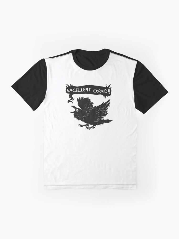 A graphic t-shirt featuring a stylized corvid (crow or raven) design in a dark, mystical style. - Flat lay