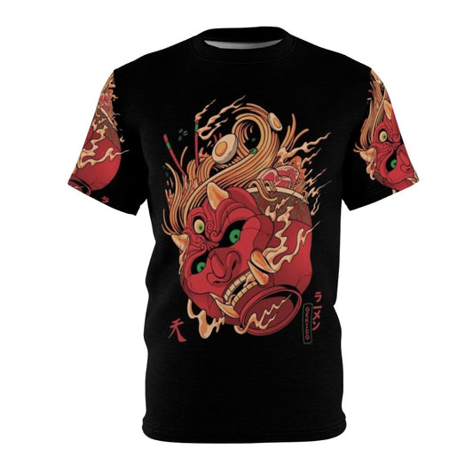 Graphic t-shirt design featuring Japanese ramen noodles and folklore demons