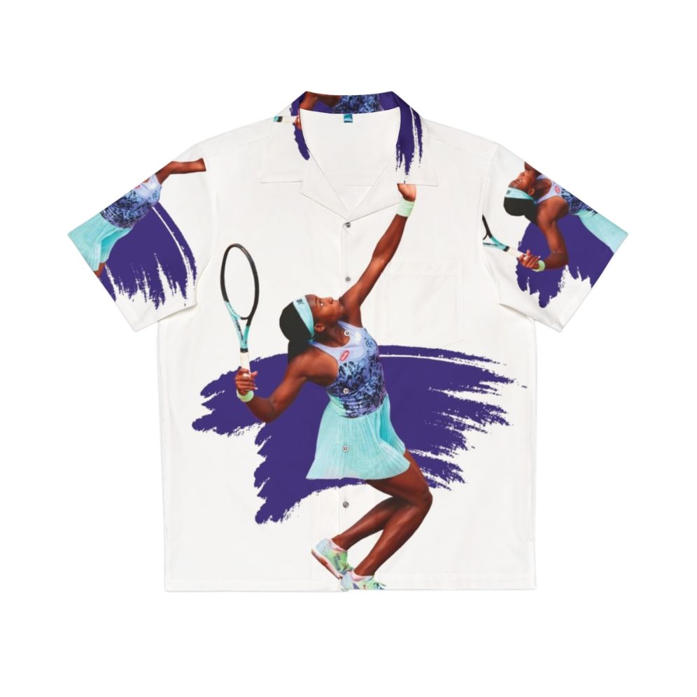 Coco Gauff wearing a Hawaiian-style tennis shirt