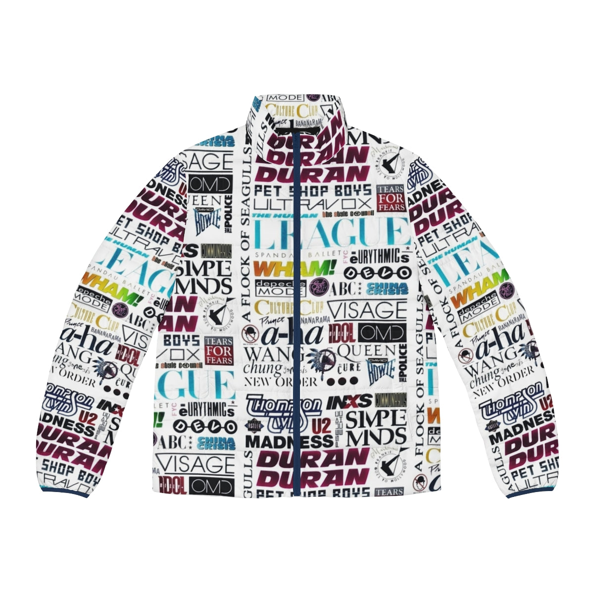 Retro 1980s-inspired puffer jacket with pop music logo design