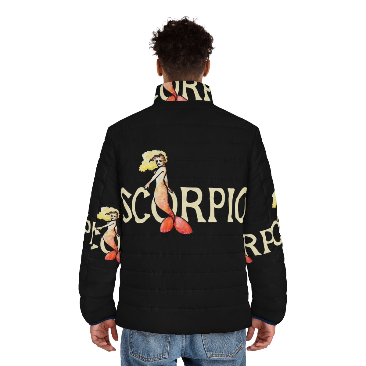 Scorpio mermaid puffer jacket with zodiac and mermaid design - men back