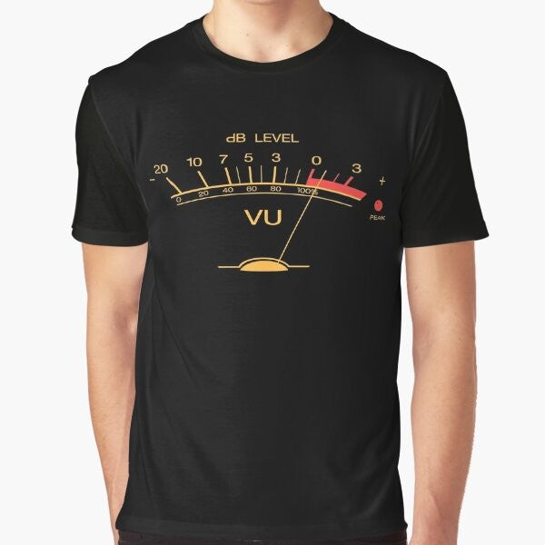 Vintage-style graphic t-shirt featuring a volume VU meter and text "Audio Engineer Recording Studio Gear Head Musician Guitar"