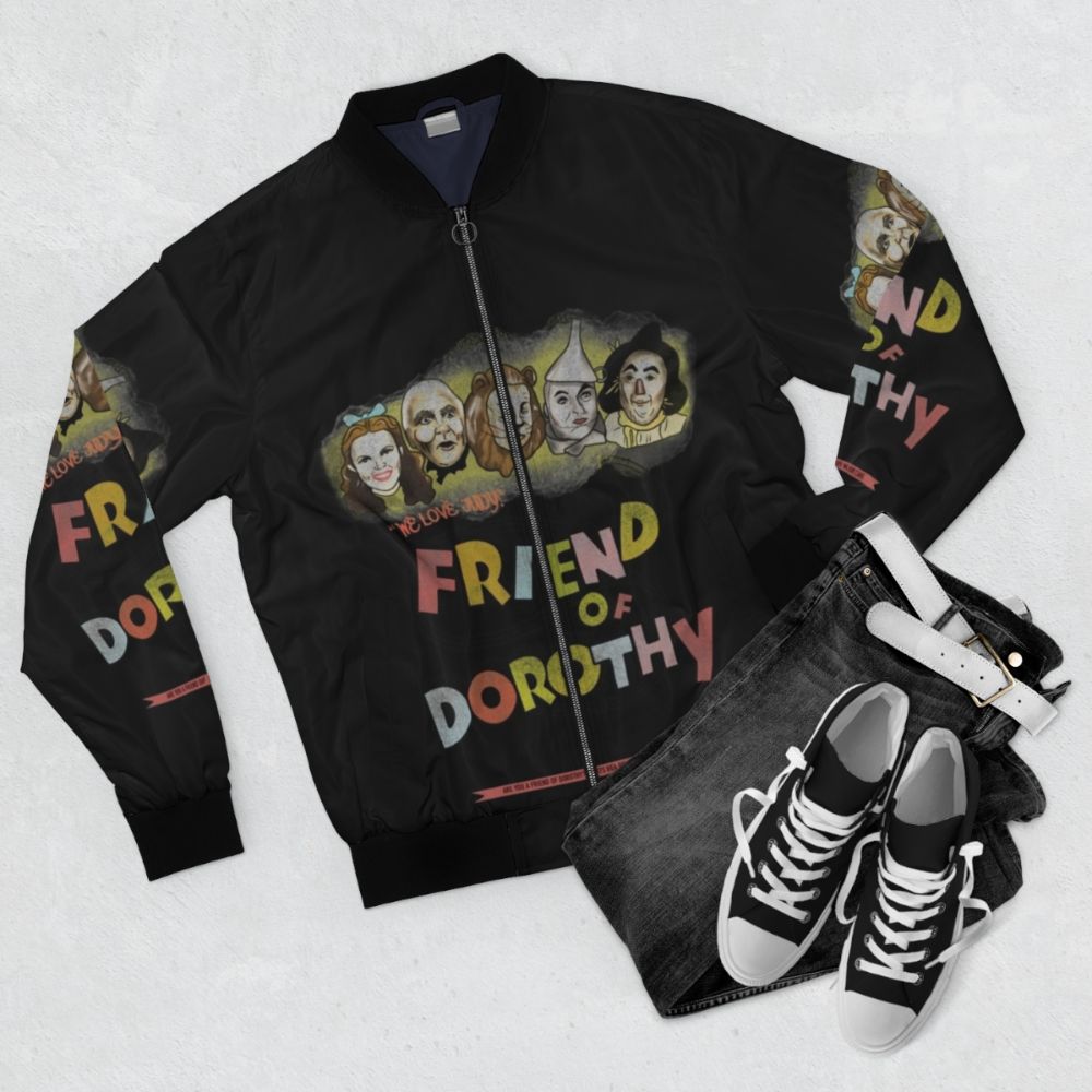 "Vintage-inspired Wizard of Oz bomber jacket with 'Friend of Dorothy' design" - Flat lay