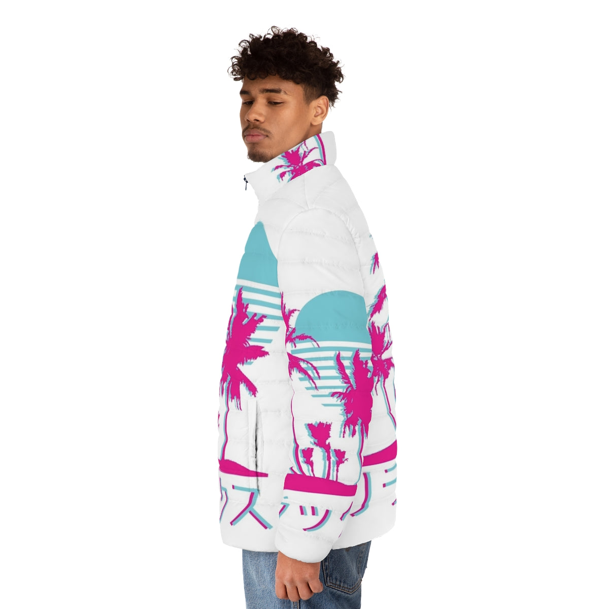 Retro vaporwave puffer jacket with neon palm design - men side left