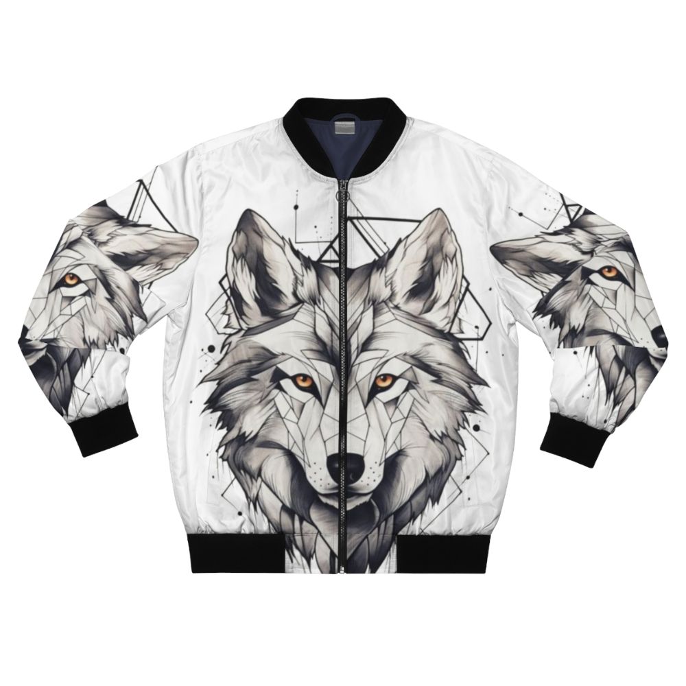 Geometric wolf print design on a bomber jacket