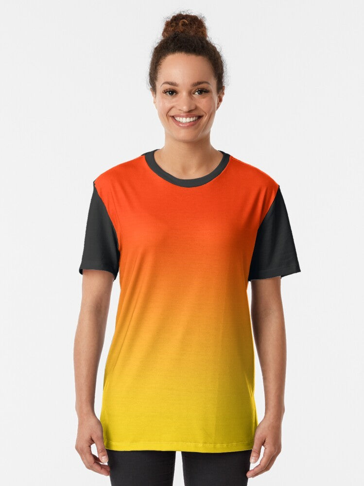 Ombre gradient orange, red and yellow graphic t-shirt with a chic, fashionable design. - Women