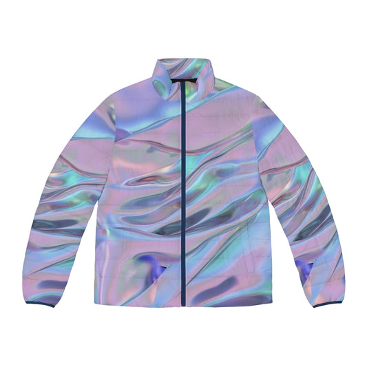 Holographic puffer jacket with abstract, colorful graphic design