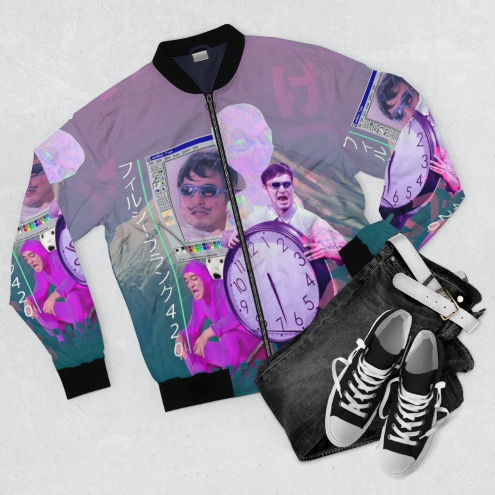 Vibrant vaporwave-style bomber jacket featuring Filthy Frank and the number 420 - Flat lay