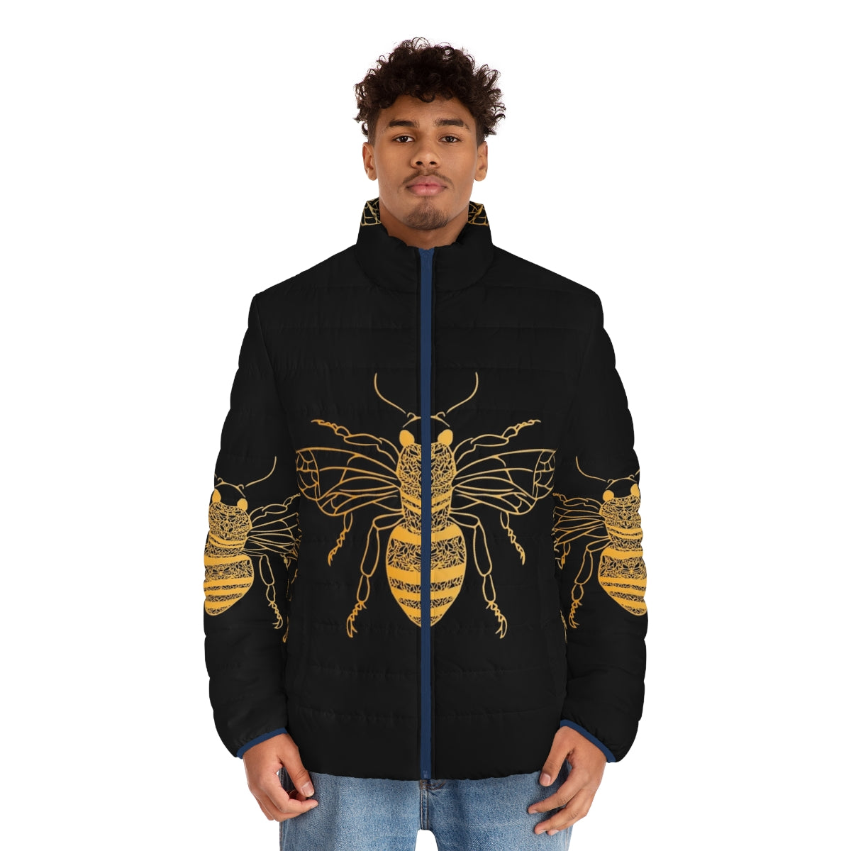 Model wearing a floral puffer jacket with a golden honeycomb pattern, inspired by nature and honey bees. - men front