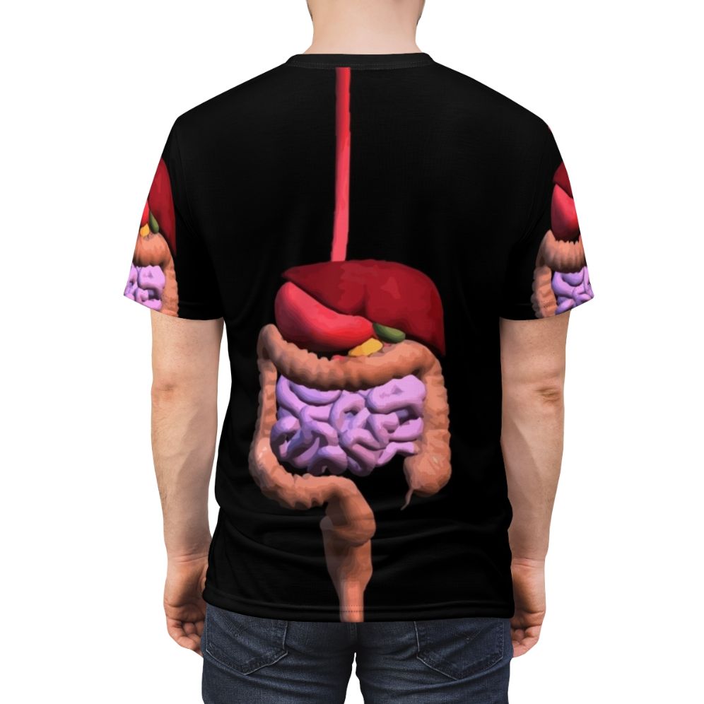 Colorful illustration of the human digestive system on a comfortable t-shirt for medical, biology, and anatomy enthusiasts. - men back