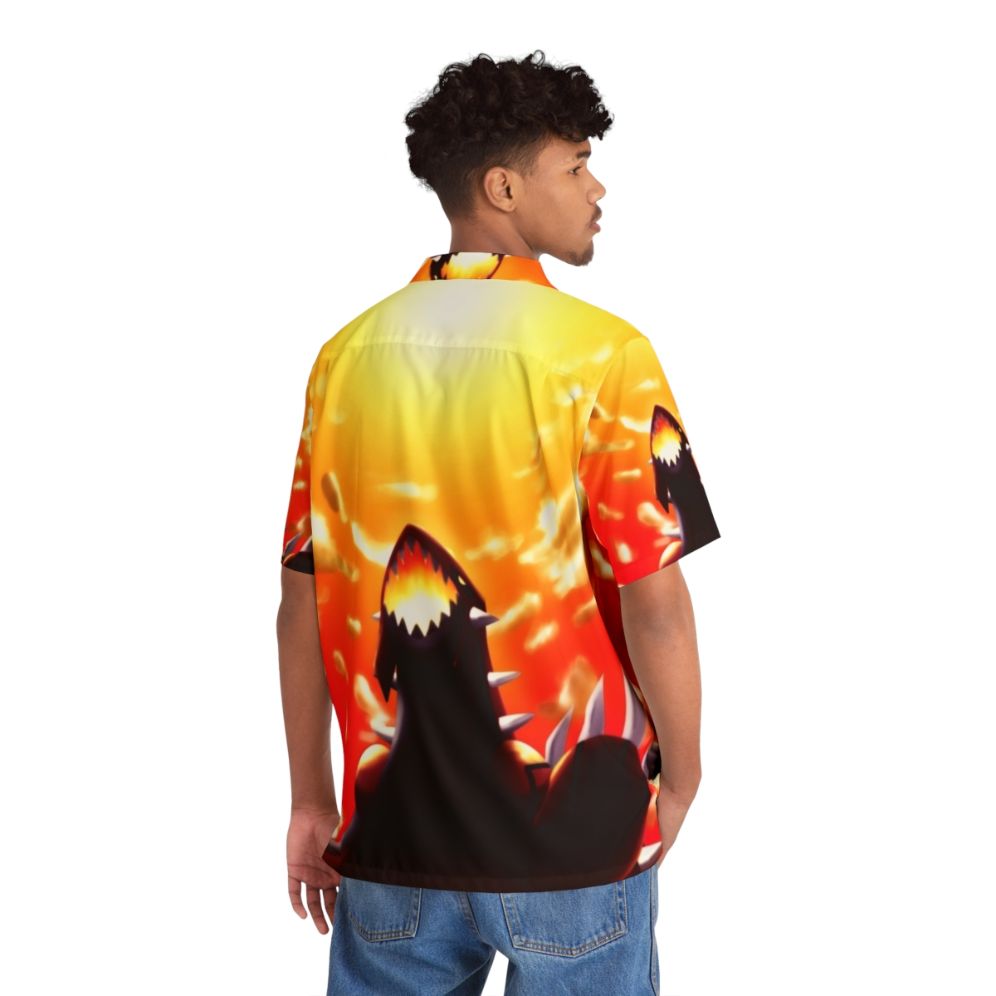 Groudon-inspired Hawaiian shirt with tropical landscape and Pokemon fan art design - People Back