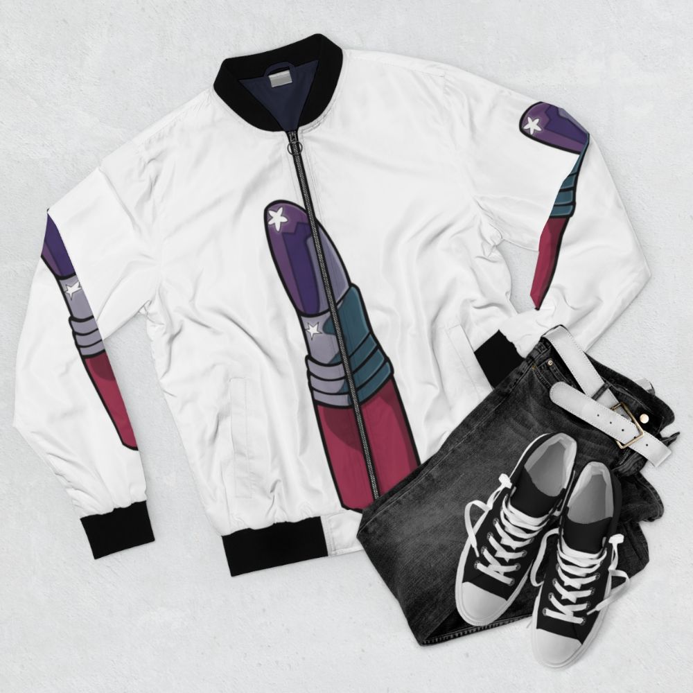 Rocketman-inspired bomber jacket with a lipstick graphic design - Flat lay