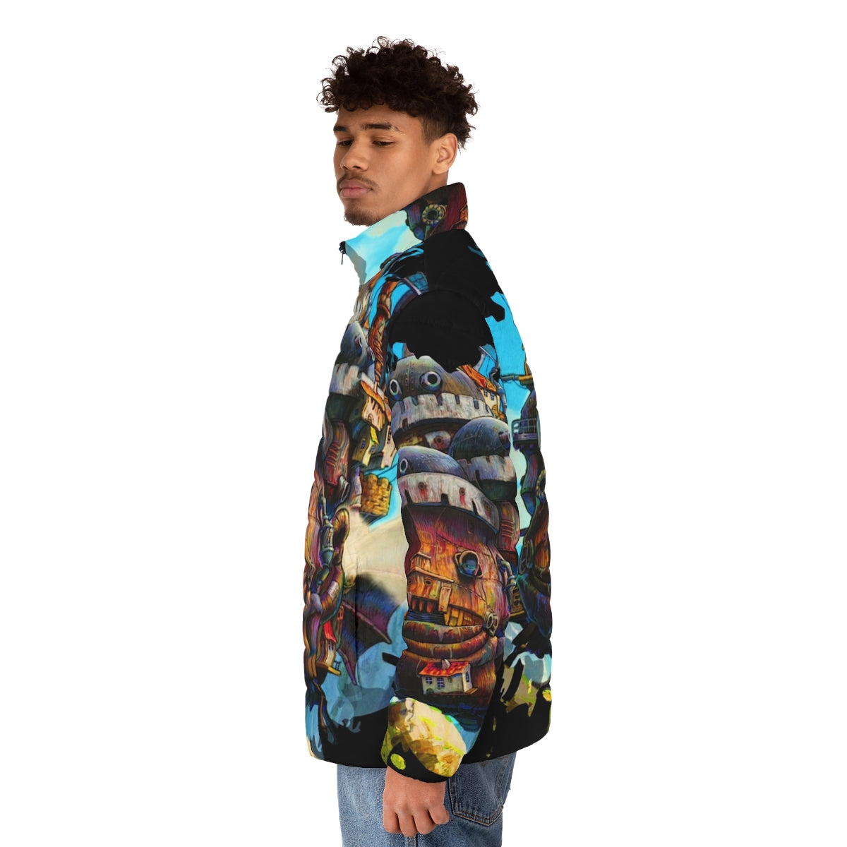 Howls Painting Puffer Jacket featuring 8-bit inspired Studio Ghibli anime art - men side left