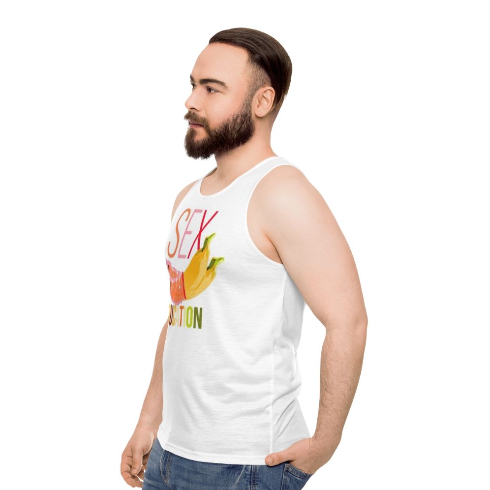 Unisex Sex Education Netflix tank top with banana logo and love theme - men side