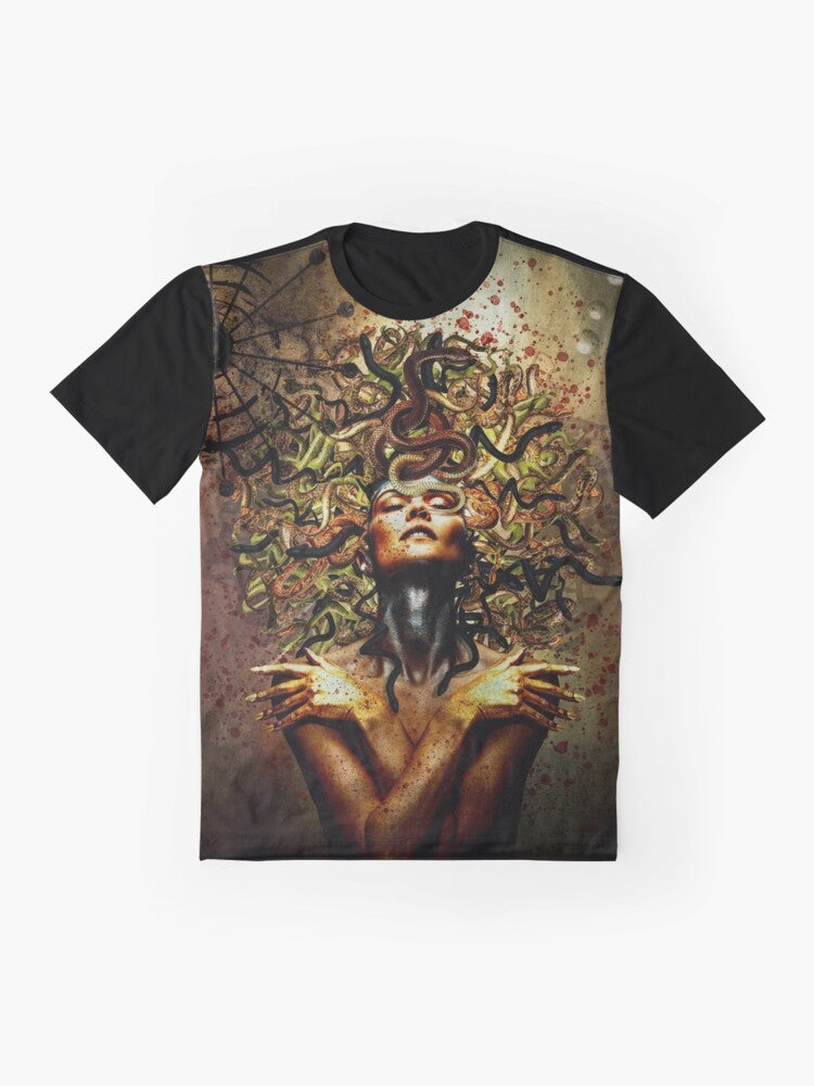 A surrealist graphic tee featuring the mythical Medusa with snakes as hair. - Flat lay